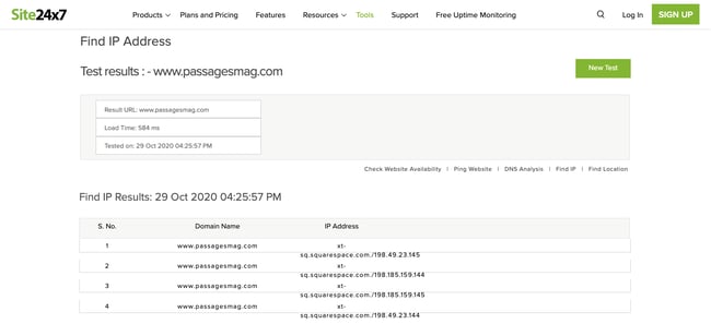 IP address of website searched on Site24x7